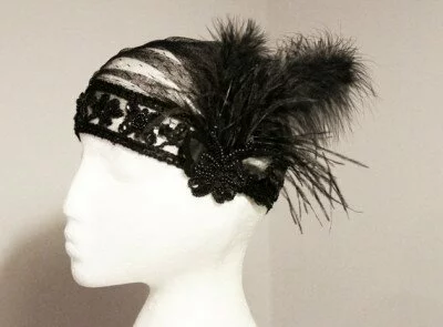 20s Inspired Black Butterfly Feather Cap Swiss Dots Lace Netting Polka Dot Tulle - Bridal Beaded The Great Gatsby Hat Art Deco Flapper