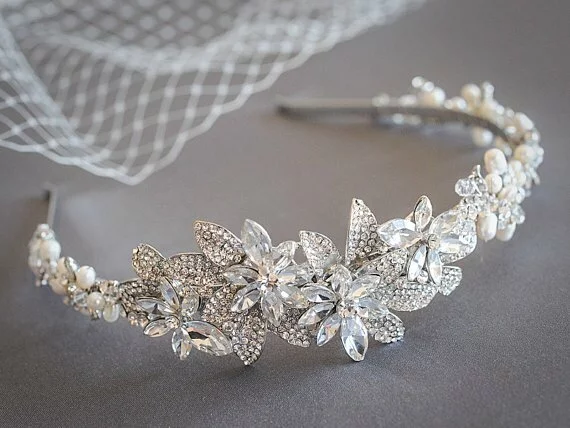 ROESIA £82.11, freshwater pearl cluste, art deco flower and leaf bridal headband. 