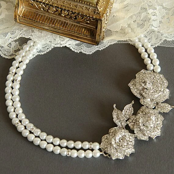 ROSELLE £78.27, vintage-inspired double strange silver art deco pearl bridal statement necklace. 