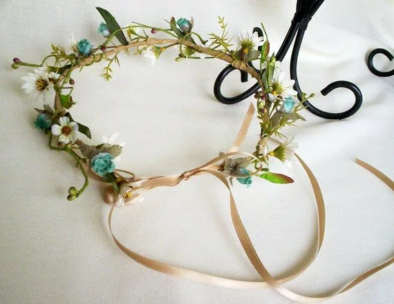 Bohemian bridal floral hair crown/accessory with wild daisies and teal aqua flowers from Etsy shop AmoreBride £30.56