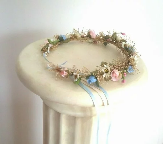 Dried flower crown pink and blue floral headband/crown/wreath with artificial silk flowers, perfect for rustic, shabby chic weddings from Etsy shop AmoreBride £32.5