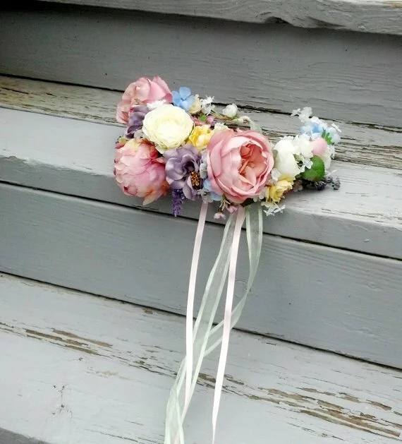 Designer couture bridal statement flower crown with pink, lilac, white and yellow silk pastel peonies from Etsy shop AmoreBridal £79.80