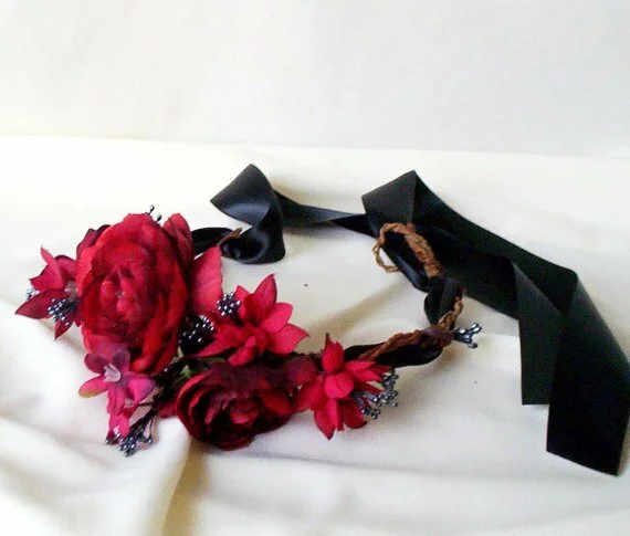 Statement oxblood red 'lana del ray' style floral headband/crown with silk red roses from Etsy shop AmoreBride £49.18