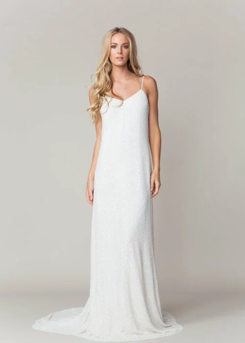 sloan sarah seven embellished sequin white spaghetti strap backless wedding dress beach boho ibiza miami