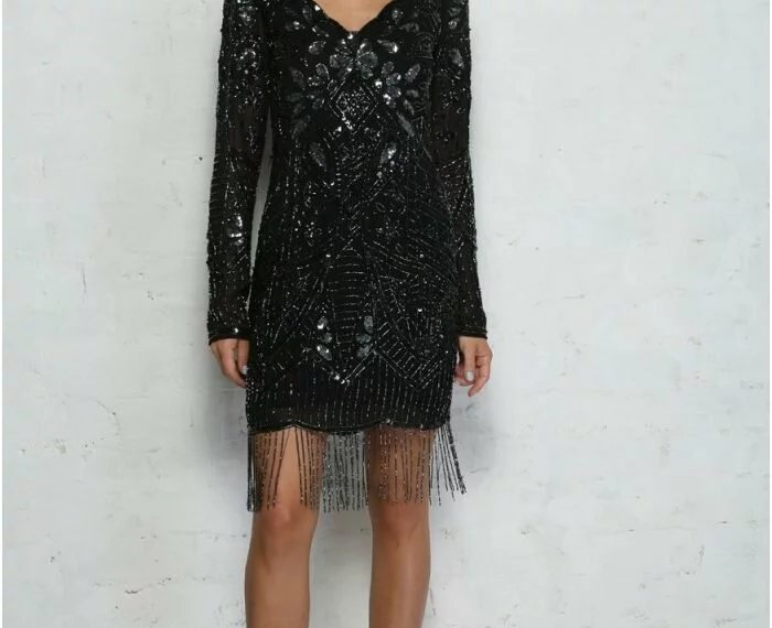 1920s Tassel Dress was £145.00 now £108.75 from Rock My Vintage gatsby black embroidered sequin mini sleeve dress