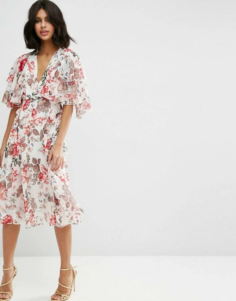 ASOS Ruffle Cape Soft Midi Dress In Vintage Floral £55.00