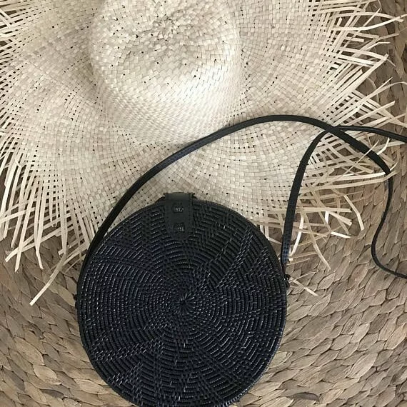 Ellen and James Black round basket bag , black round ata bag, black round shoulder bag boho boheme luxury handwoven