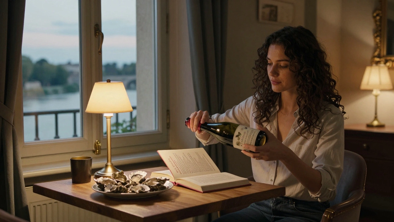 A brunette pours wine in a softly lit boutique hotel room with a French novel and oysters on the table.