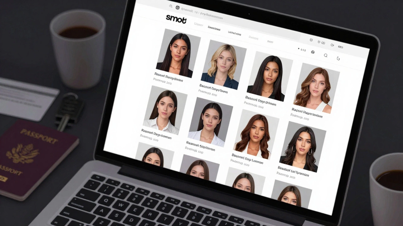 A laptop screen showing blurred escort profiles with a passport and keycard nearby on a table.