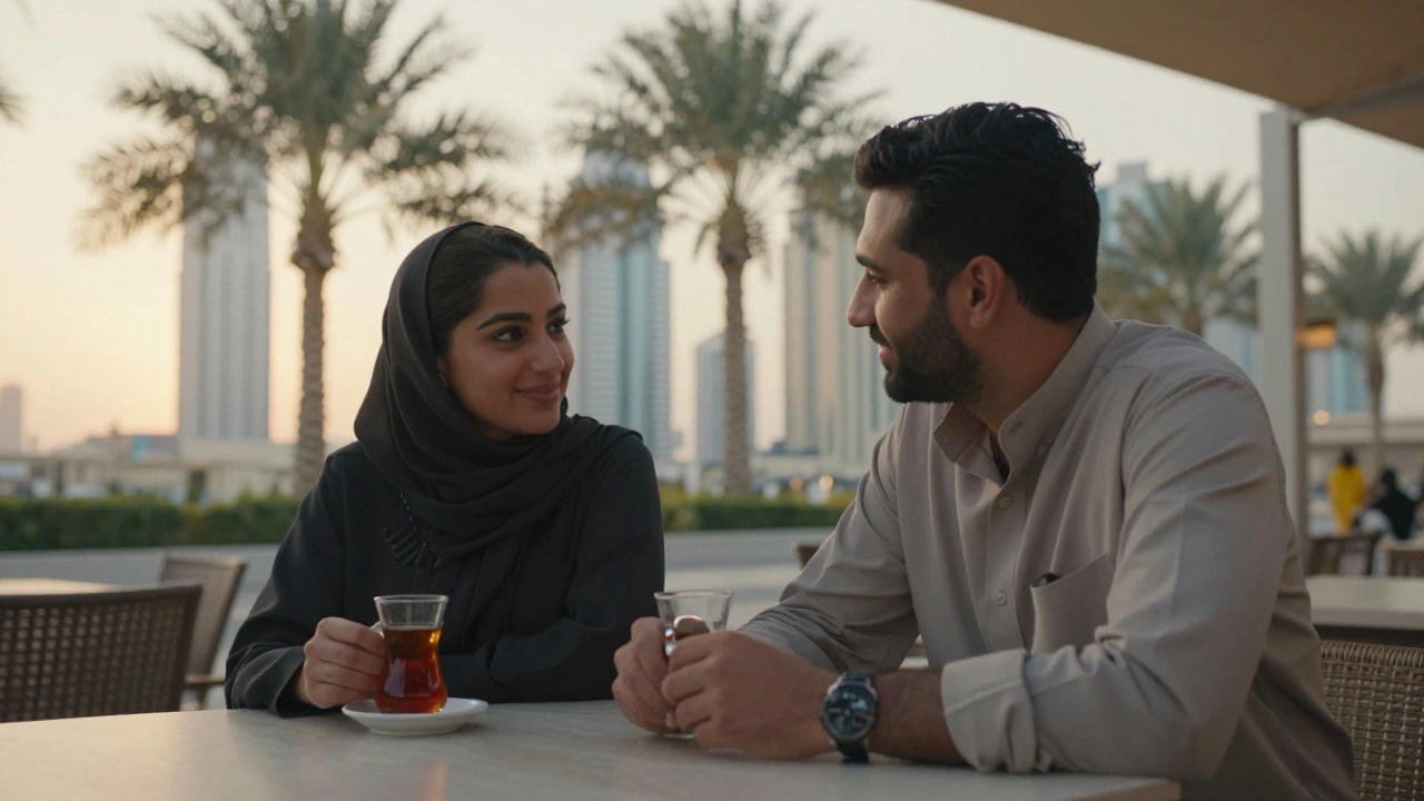 A man and woman having a calm conversation at a Dubai café during sunset, no physical contact.