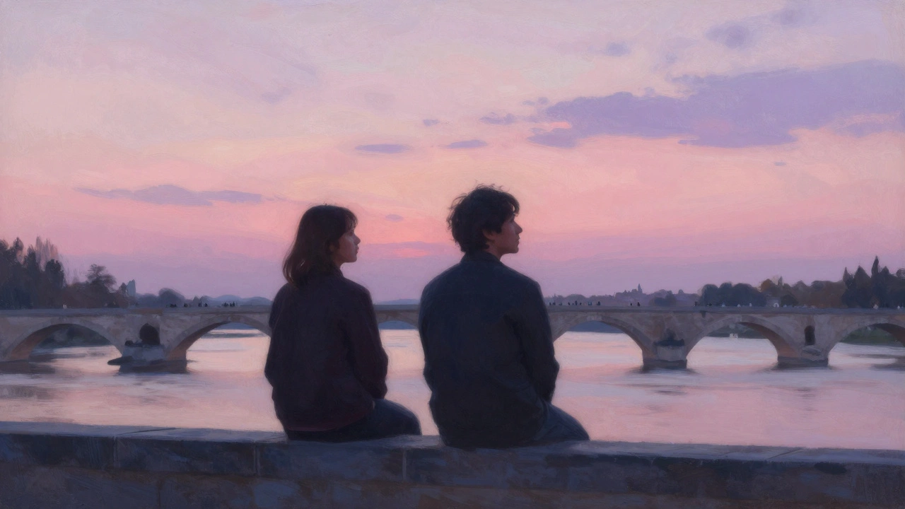 Two figures stand in silent companionship on Pont d&#039;Avignon at sunset, silhouetted against a rose-hued sky.